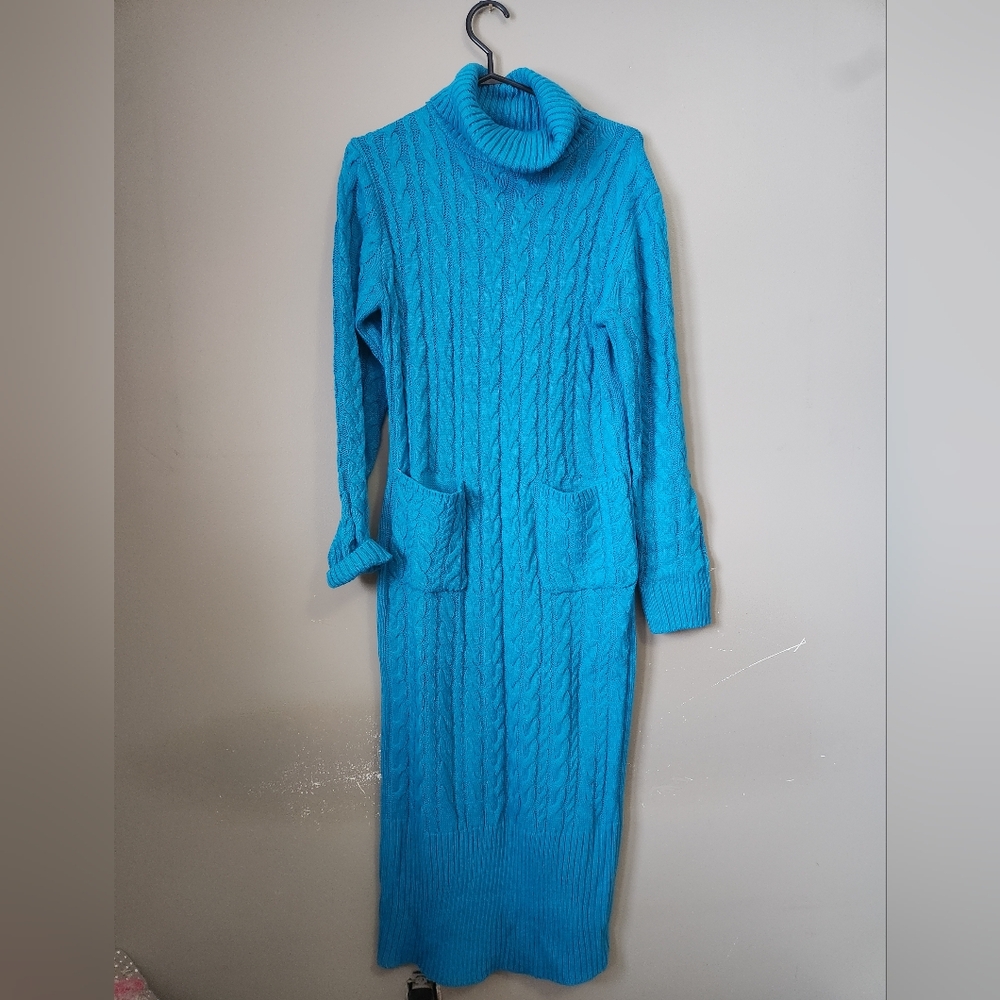 Blue Cable Knit Turtleneck Sweater Dress S/M